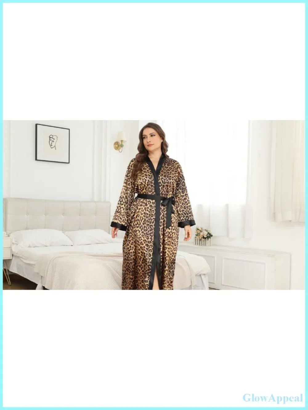 Silky Plus Size Kimono Robe Floral Leopard Long Sleeve Luxurious Sleepwear